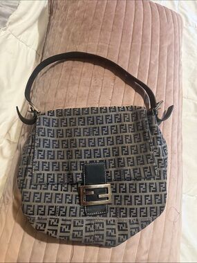 Fendi FF Canvas Shoulder Bag in Blue and Black